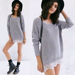 Pins & Needles Heather Gray Sweater with Cream Lace Hem Large Urban Outfitters
